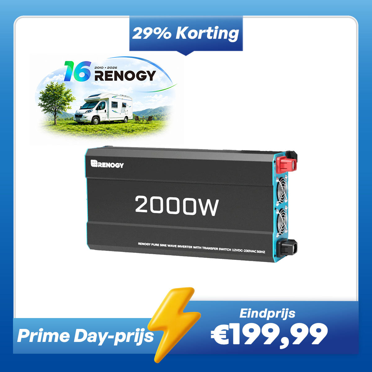 2000W 12V Zuivere Sinus Omvormer – DC naar AC voor Camper, Buscamper & Off-Grid