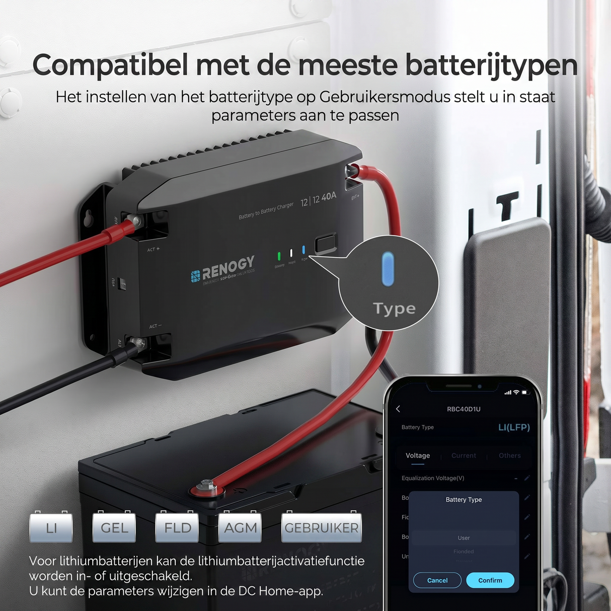 Renogy 12V 40A DC-DC Batterijlader Compatibel met de meeste accutypen: LI, GEL, FLD, AGM, USER