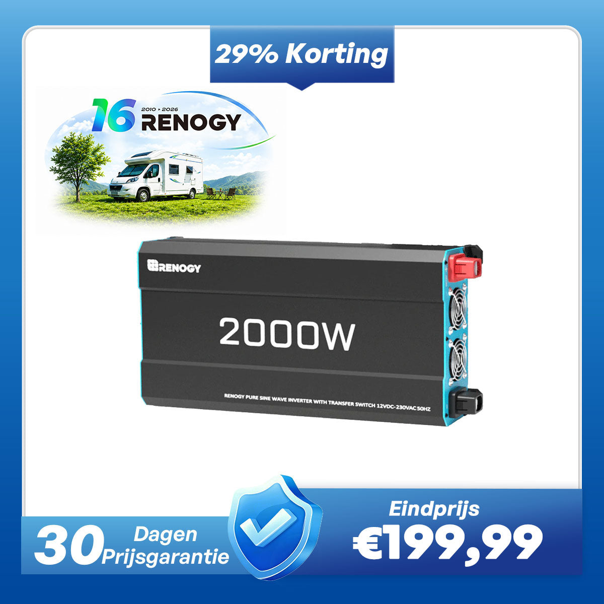 2000W 12V Zuivere Sinus Omvormer – DC naar AC voor Camper, Buscamper & Off-Grid