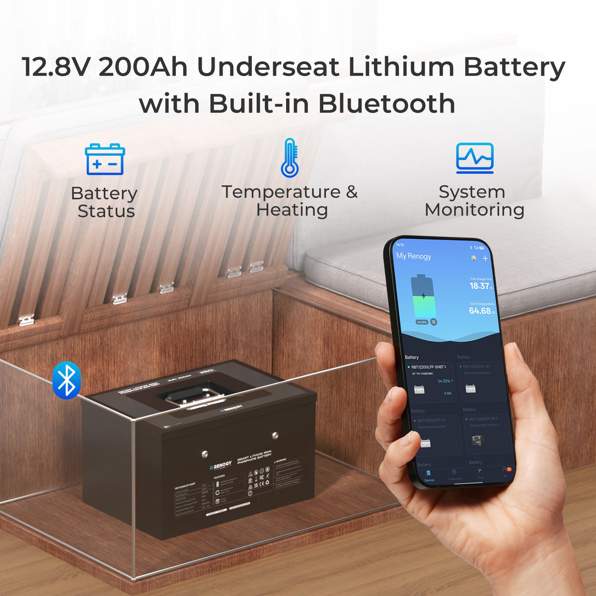 Pro - 12V 135Ah/200Ah LiFePO4-accu onder de zitting, Bluetooth