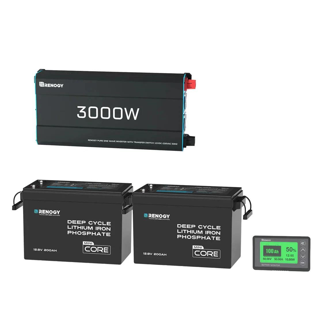 5,12 kWh Caravan Power System | 3000W-omvormer, 200Ah Lithium Battery x2
