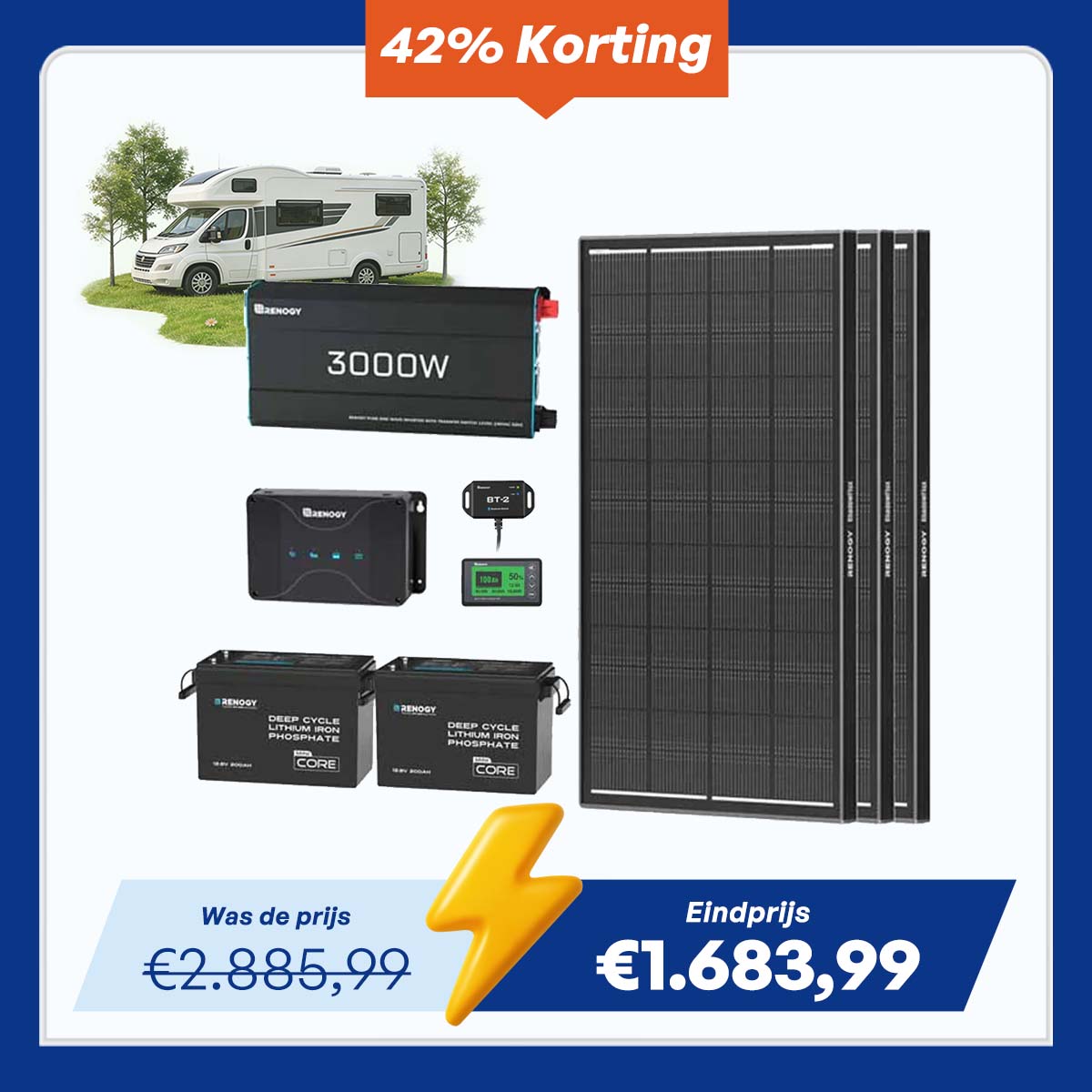 5,12 kWh-stroomsysteem voor caravans | 3000W-omvormer, 200Ah Lithium Battery x2