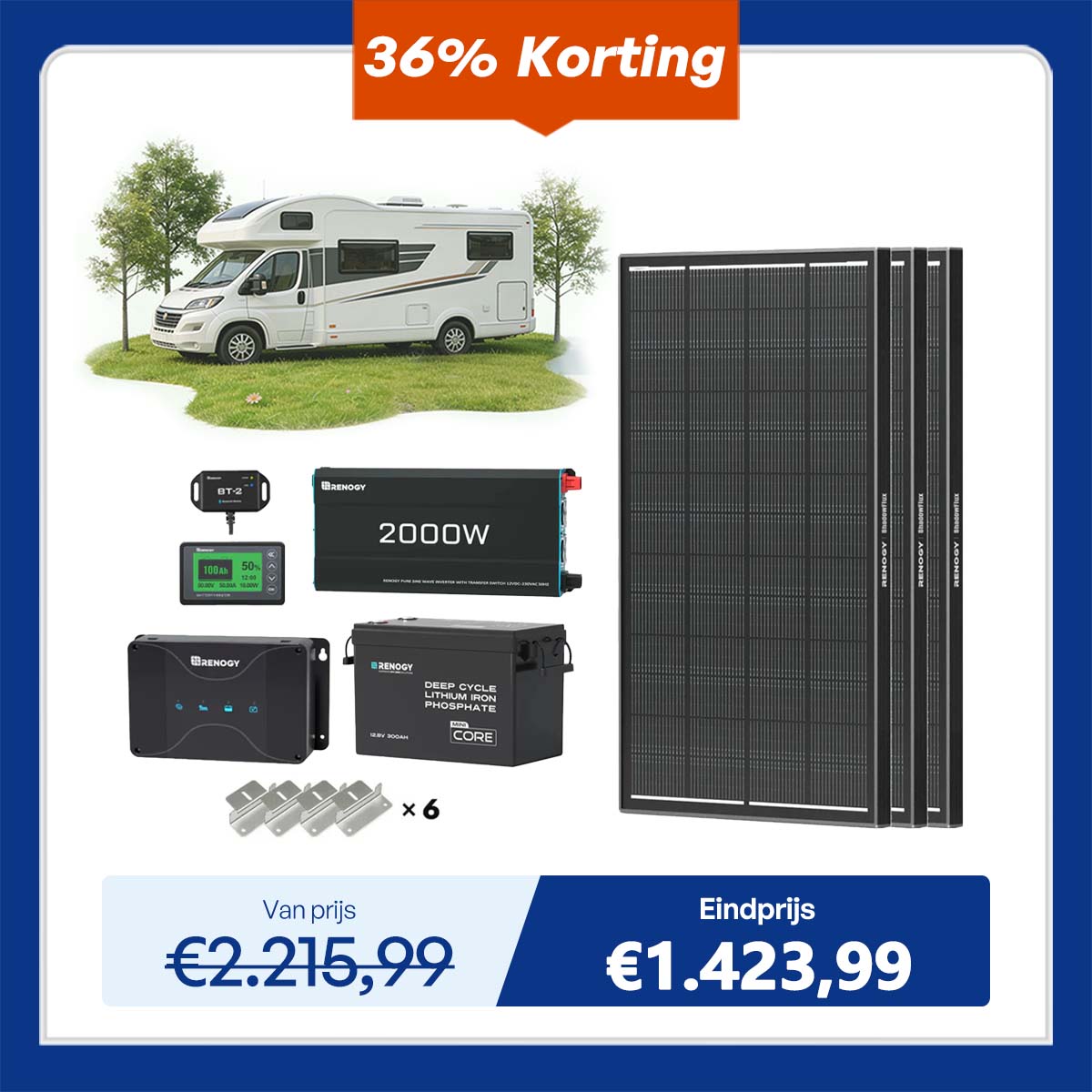 3,84 kWh Caravan Power Kit | 2000 W Omvormer en 50 A Acculader