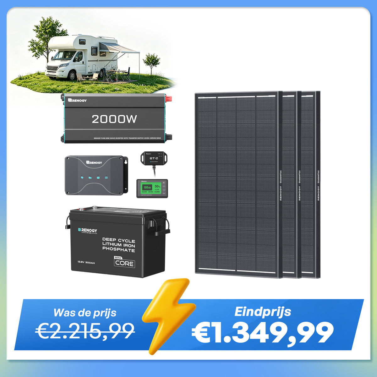 3,84 kWh Caravan Power Kit | 2000 W Omvormer en 50 A Acculader