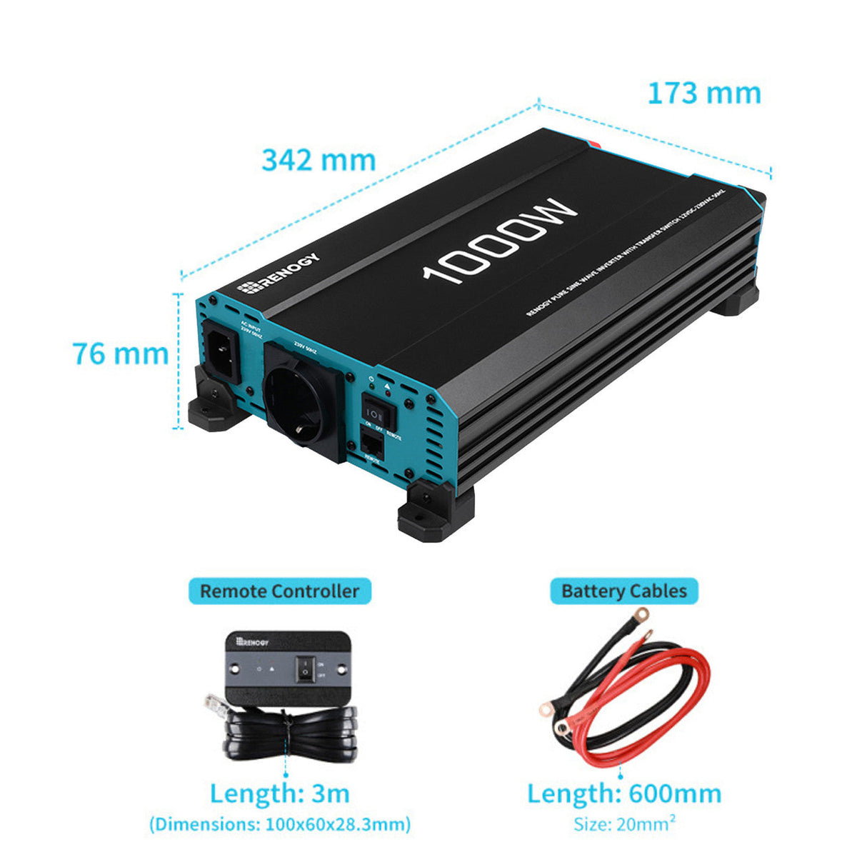 1000W 12V Zonne-omvormer Zuivere Sinus DC naar AC voor Camper, Motorhome, Off-grid